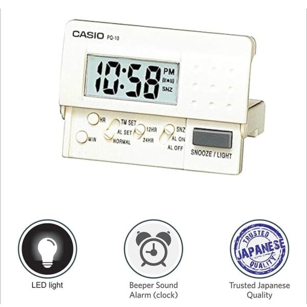 Casio PQ-10-7R Mini Seyahat Ertelemeli Beep Alarm Işıklı 12/24 Saat Dilimi Özellikli Masa Saati