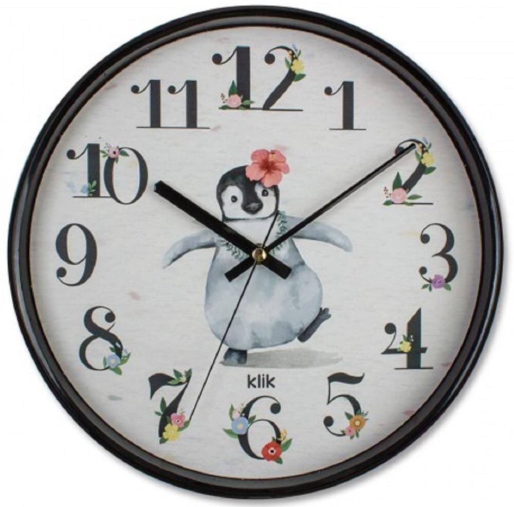 Klik Slim Penguen Plastik Kasa Siyah Renkli 30.5 cm Çaplı Modern Sessiz Saniye Mekanizmalı Duvar Saati