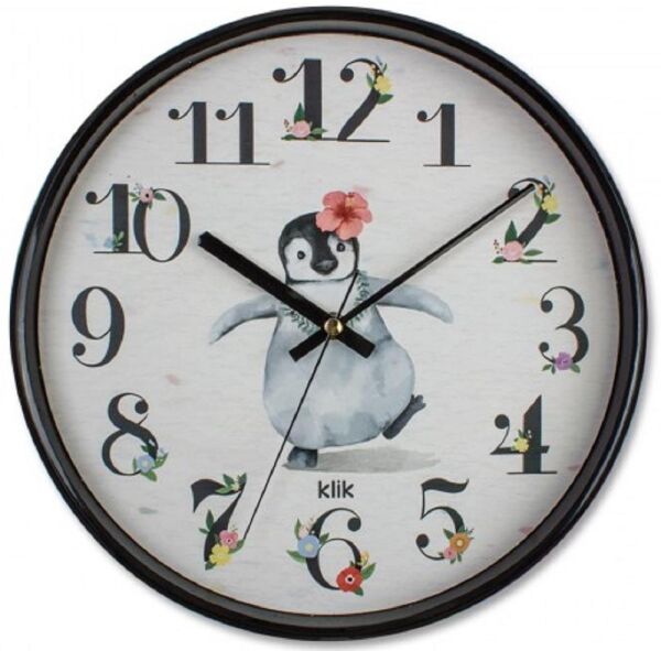 Klik Slim Penguen Plastik Kasa Siyah Renkli 30.5 cm Çaplı Modern Sessiz Saniye Mekanizmalı Duvar Saati