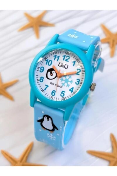 Q&Q V22A-006VY Penguen ve Kar tanesi Desenli Silikon 10 Atm Su Geçirmez Çocuk Kol Saati