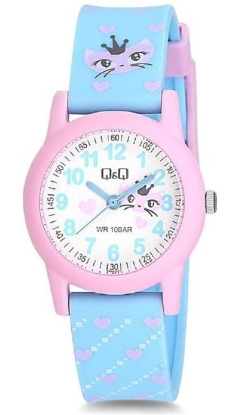 Q&Q VR99J007Y Kedi Desenli Silikon 10 Bar Su Geçirmez Çocuk Kol Saati