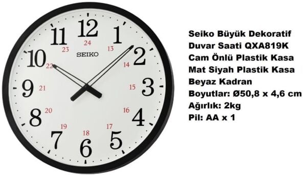 Seiko QXA819K Plastik Kasa Siyah Renkli 50.8 cm Çaplı 24 Saat Dilimli Salon Ofis Modern Sessiz Saniye Mekanizmalı Duvar Saati