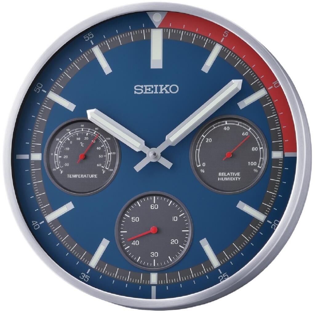 Seiko QXA822S Alüminyum Kasa Metalik  Renkli 33 cm Çaplı Isı ve Nem Ölçerli Sessiz Saniye Mekanizmalı Duvar Saati