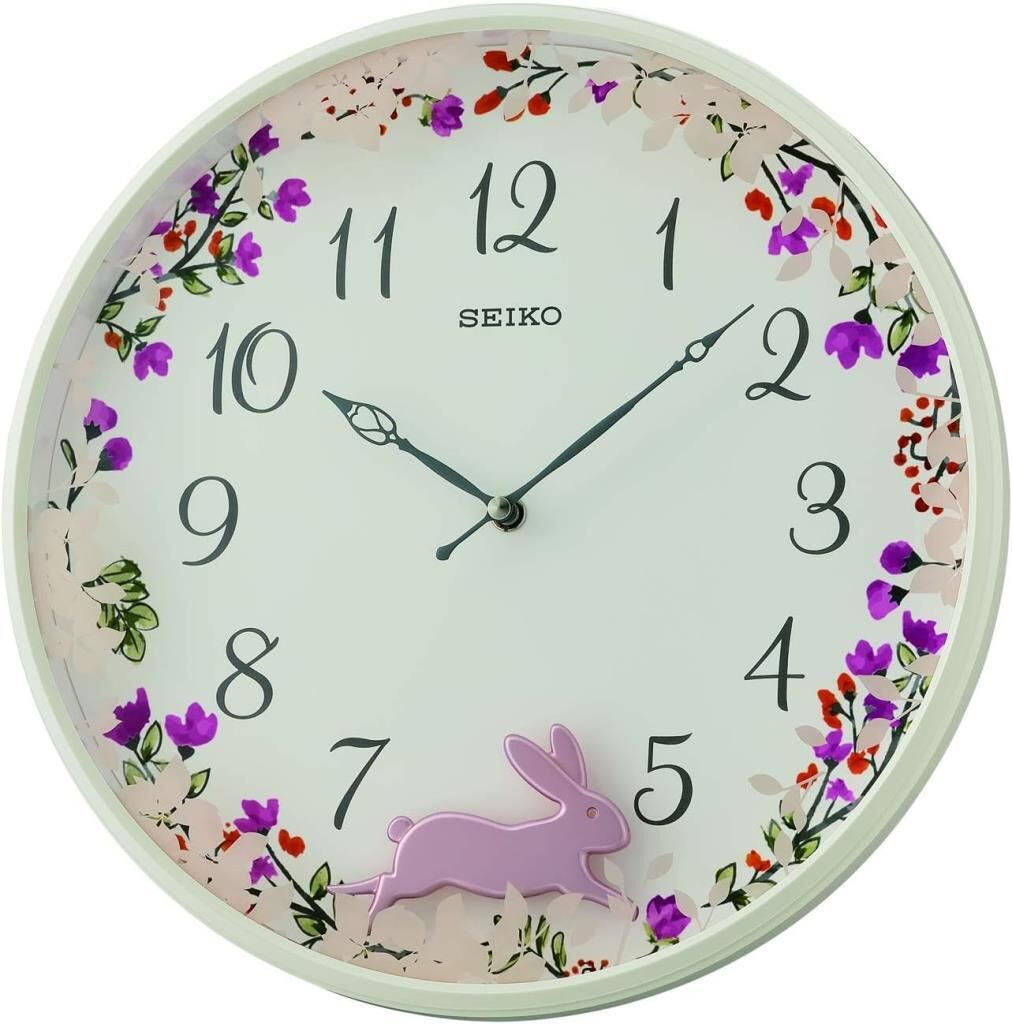 Seiko QXC238W Plastik Kasa Beyaz Renkli 33 cm Çaplı Tavşan Figürlü Sarkaçlı Modern Sessiz Saniye Mekanizmalı Duvar Saati