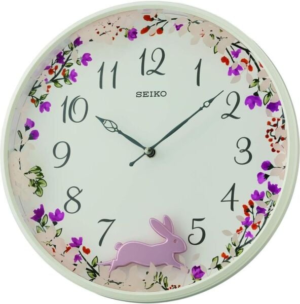 Seiko QXC238W Plastik Kasa Beyaz Renkli 33 cm Çaplı Tavşan Figürlü Sarkaçlı Modern Sessiz Saniye Mekanizmalı Duvar Saati
