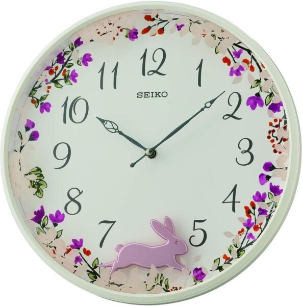Seiko QXC238W Plastik Kasa Beyaz Renkli 33 cm Çaplı Tavşan Figürlü Sarkaçlı Modern Sessiz Saniye Mekanizmalı Duvar Saati
