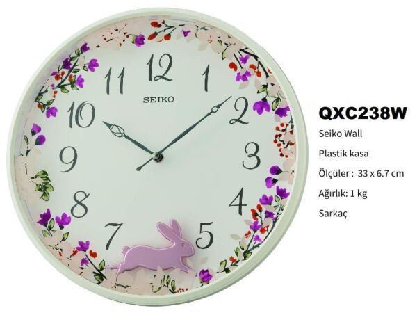 Seiko QXC238W Plastik Kasa Beyaz Renkli 33 cm Çaplı Tavşan Figürlü Sarkaçlı Modern Sessiz Saniye Mekanizmalı Duvar Saati