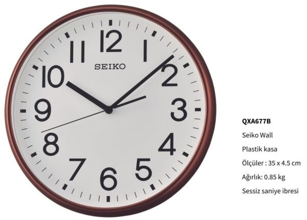 Seiko QXA677B Plastik Kasa Kahverengi Renkli 35 cm Çaplı Modern Dekoratif Sessiz Saniye Mekanizmalı Duvar Saati