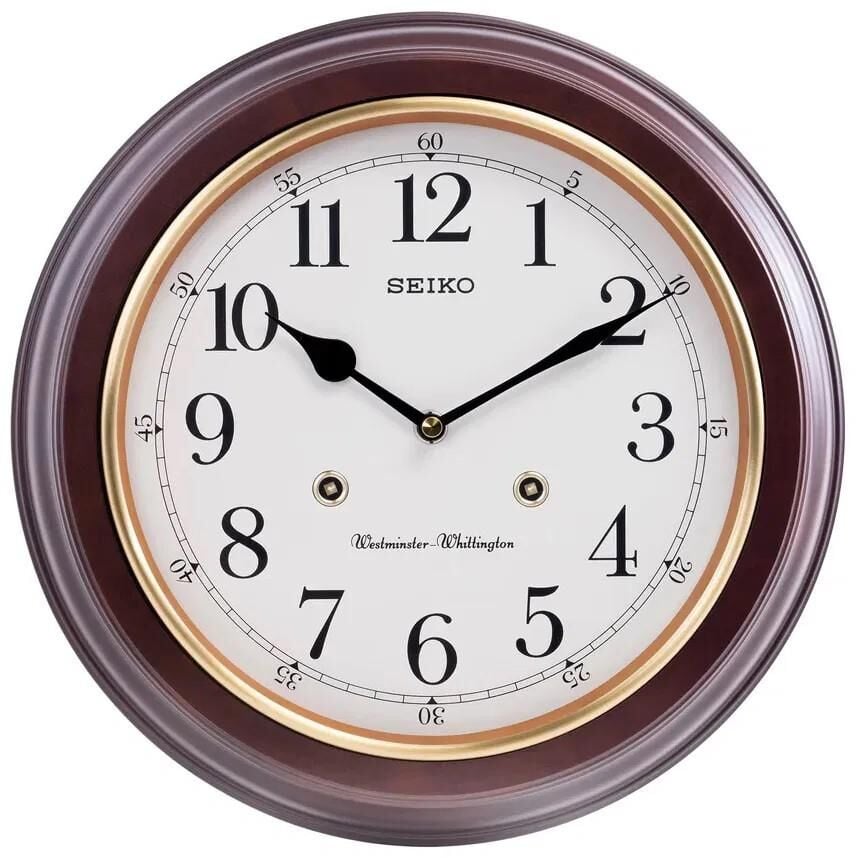 Seiko QXH202Z Ahşap Kızılağaç Kasa Kahverengi Renkli 31.4 cm Çaplı Westminster Çanlı Şık Dekoratif Sessiz Saniye Mekanizmalı Duvar Saati