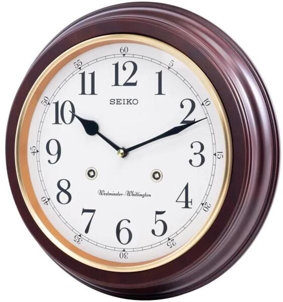Seiko QXH202Z Ahşap Kızılağaç Kasa Kahverengi Renkli 31.4 cm Çaplı Westminster Çanlı Şık Dekoratif Sessiz Saniye Mekanizmalı Duvar Saati