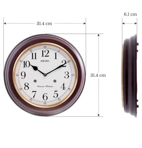 Seiko QXH202Z Ahşap Kızılağaç Kasa Kahverengi Renkli 31.4 cm Çaplı Westminster Çanlı Şık Dekoratif Sessiz Saniye Mekanizmalı Duvar Saati