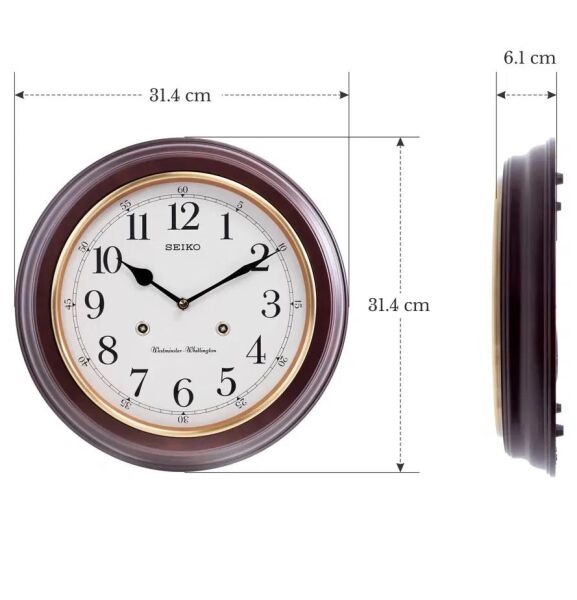 Seiko QXH202Z Ahşap Kızılağaç Kasa Kahverengi Renkli 31.4 cm Çaplı Westminster Çanlı Şık Dekoratif Sessiz Saniye Mekanizmalı Duvar Saati