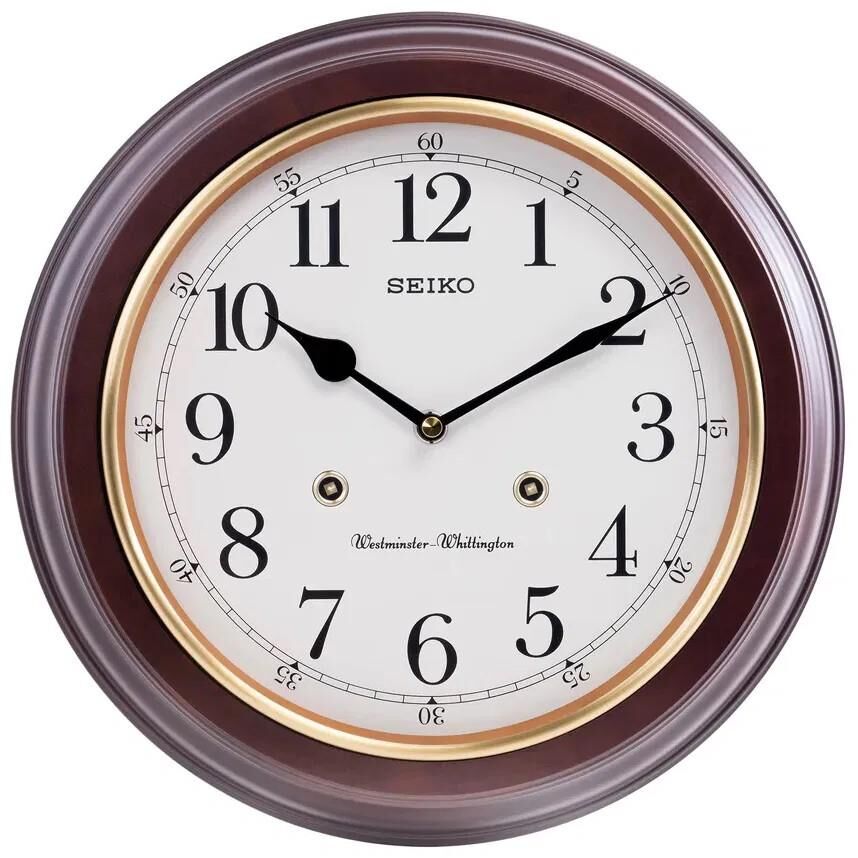 Seiko QXH202Z Ahşap Kızılağaç Kasa Kahverengi Renkli 31.4 cm Çaplı Westminster Çanlı Şık Dekoratif Sessiz Saniye Mekanizmalı Duvar Saati