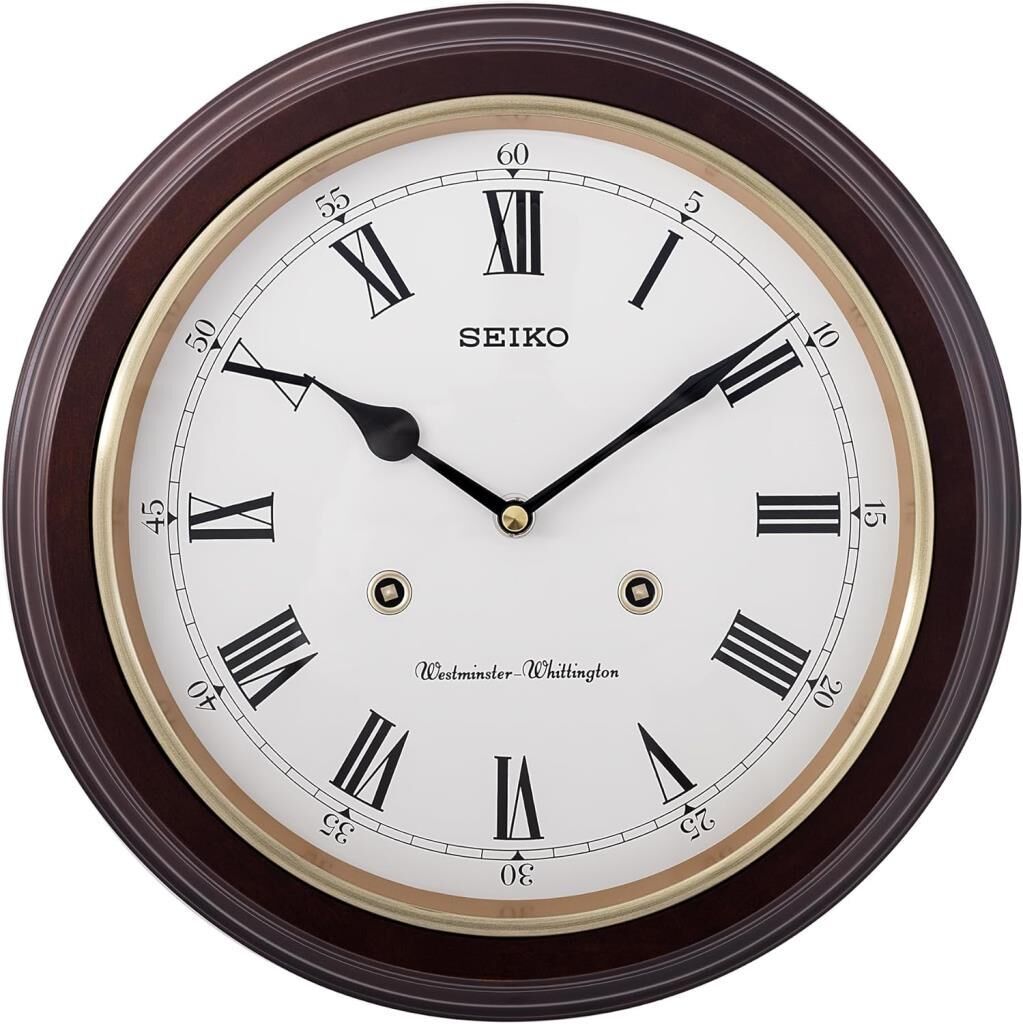 Seiko QXH202B Ahşap Kızılağaç Kasa Kahverengi Renkli 31.4 cm Çaplı Westminster Çanlı Şık Dekoratif Sessiz Saniye Mekanizmalı Duvar Saati