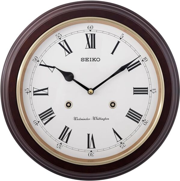 Seiko QXH202B Ahşap Kızılağaç Kasa Kahverengi Renkli 31.4 cm Çaplı Westminster Çanlı Şık Dekoratif Sessiz Saniye Mekanizmalı Duvar Saati