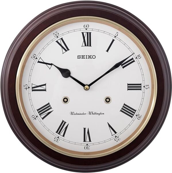 Seiko QXH202B Ahşap Kızılağaç Kasa Kahverengi Renkli 31.4 cm Çaplı Westminster Çanlı Şık Dekoratif Sessiz Saniye Mekanizmalı Duvar Saati
