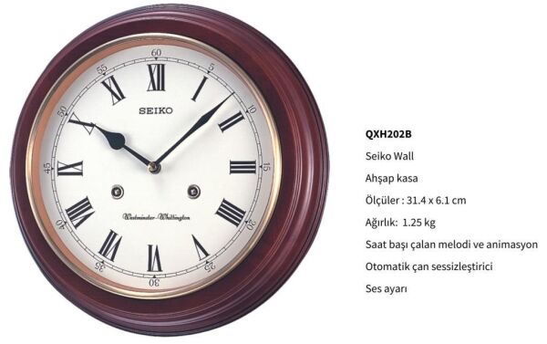 Seiko QXH202B Ahşap Kızılağaç Kasa Kahverengi Renkli 31.4 cm Çaplı Westminster Çanlı Şık Dekoratif Sessiz Saniye Mekanizmalı Duvar Saati