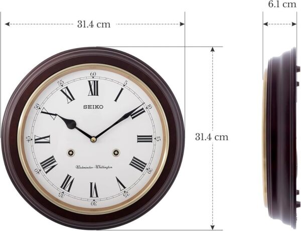 Seiko QXH202B Ahşap Kızılağaç Kasa Kahverengi Renkli 31.4 cm Çaplı Westminster Çanlı Şık Dekoratif Sessiz Saniye Mekanizmalı Duvar Saati