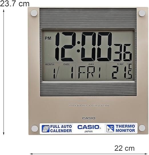 Casio ID-11S-1D Plastik Kasa Kahverengi Renkli 22 x 23.7 cm Çaplı Isı ve Nem Ölçerli Takvimli Dijital Masa ve Duvar Saati