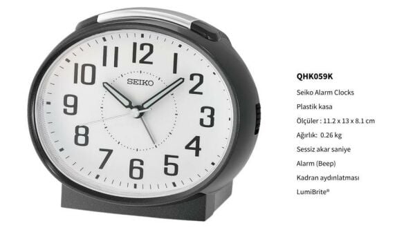 Seiko QHK059K Sessiz Saniyeli Aydınlatmalı Bell Sesli Alarm 5 dk Ertelemeli Masa Saati