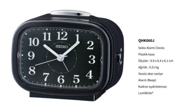 Seiko QHK060J Sessiz Saniyeli Aydınlatmalı Bell Sesli Alarm 5 dk Ertelemeli Masa Saati