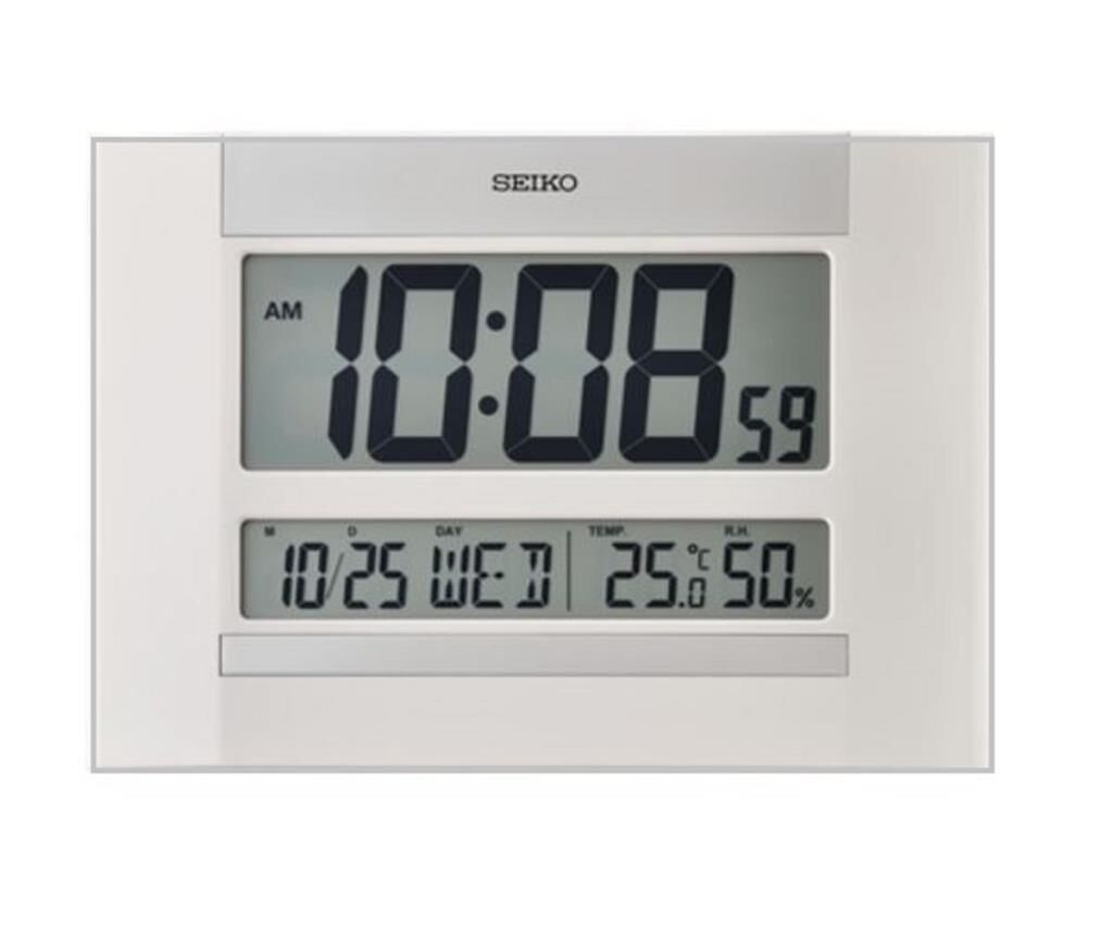 Seiko QHL088W Dijital Beyaz LCD Kadranlı Takvimli Termometre Higrometre Masa veya Duvar Saati