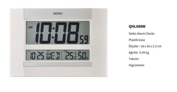 Seiko QHL088W Dijital Beyaz LCD Kadranlı Takvimli Termometre Higrometre Masa veya Duvar Saati
