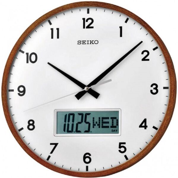 Seiko QXL008B Ahşap Akçaağaç Kasa Kahverengi Renkli 36 cm Çaplı Dijital Takvimli Sessiz Saniye Mekanizmalı Duvar Saati