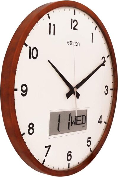 Seiko QXL008B Ahşap Akçaağaç Kasa Kahverengi Renkli 36 cm Çaplı Dijital Takvimli Sessiz Saniye Mekanizmalı Duvar Saati