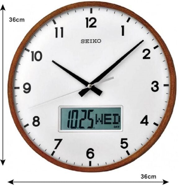 Seiko QXL008B Ahşap Akçaağaç Kasa Kahverengi Renkli 36 cm Çaplı Dijital Takvimli Sessiz Saniye Mekanizmalı Duvar Saati
