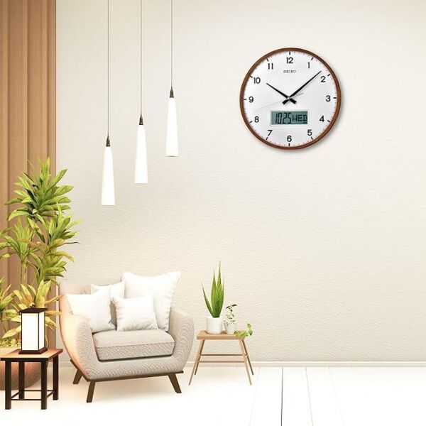 Seiko QXL008B Ahşap Akçaağaç Kasa Kahverengi Renkli 36 cm Çaplı Dijital Takvimli Sessiz Saniye Mekanizmalı Duvar Saati