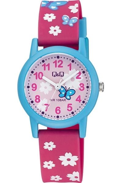 Q&Q V23A-021VY Çiçek Kelebek Desenli Silikon 10 Atm Su Geçirmez Çocuk Kol Saati