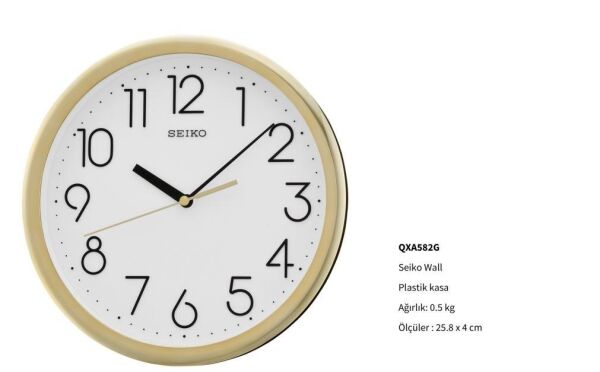 Seiko QXA582G Plastik Kasa Gold Renkli 25.8 cm Çaplı Quartz Mekanizmalı Duvar Saati