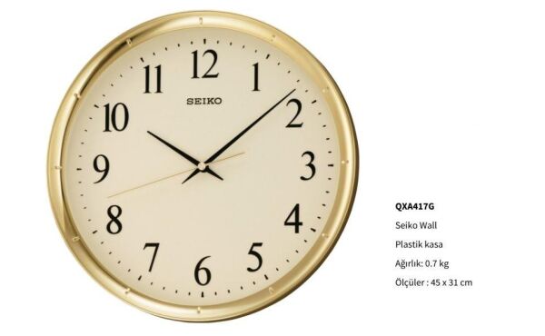 Seiko QXA417G Plastik Kasa Gold Renkli 31.1 cm Çaplı Quartz Mekanizmalı Duvar Saati