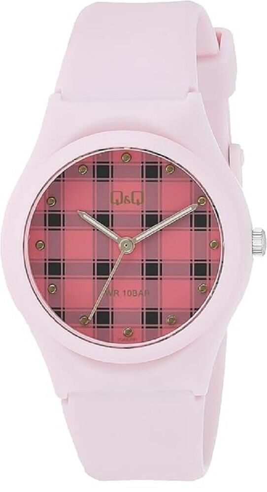 Q&Q VQ86J051Y Ekose Desenli Pembe Renkli Silikon 10 Atm Su Geçirmez Çocuk Kol Saati