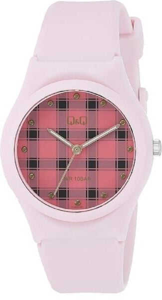 Q&Q VQ86J051Y Ekose Desenli Pembe Renkli Silikon 10 Atm Su Geçirmez Çocuk Kol Saati