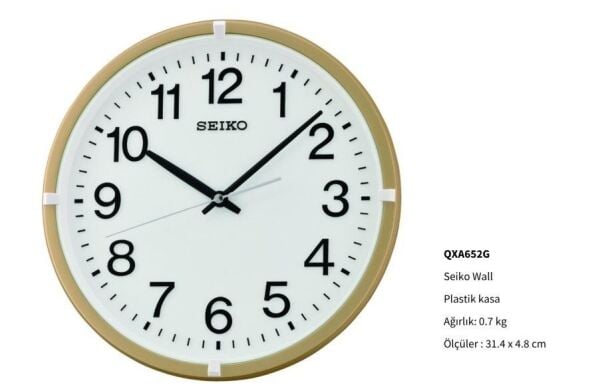 Seiko QXA652G Plastik Kasa Gold Renkli 31.4 cm Çaplı Modern Dekoratif Quartz Saniye Mekanizmalı Duvar Saati