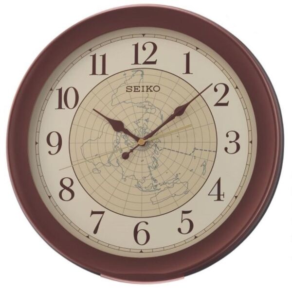Seiko QXA709B Plastik Kasa Kahverengi Renkli 36.8 cm Çaplı Dünya Haritası Kadranlı Modern Sessiz Saniye Mekanizmalı Duvar Saati