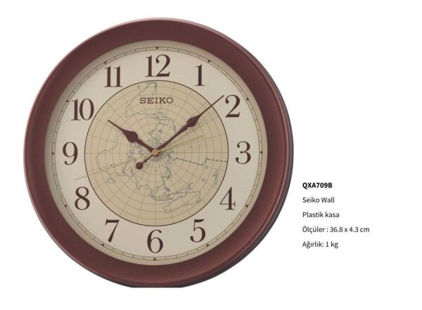 Seiko QXA709B Plastik Kasa Kahverengi Renkli 36.8 cm Çaplı Dünya Haritası Kadranlı Modern Sessiz Saniye Mekanizmalı Duvar Saati