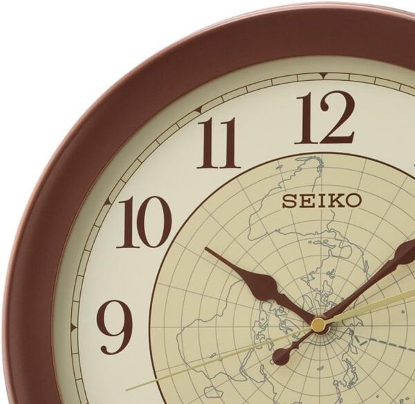 Seiko QXA709B Plastik Kasa Kahverengi Renkli 36.8 cm Çaplı Dünya Haritası Kadranlı Modern Sessiz Saniye Mekanizmalı Duvar Saati
