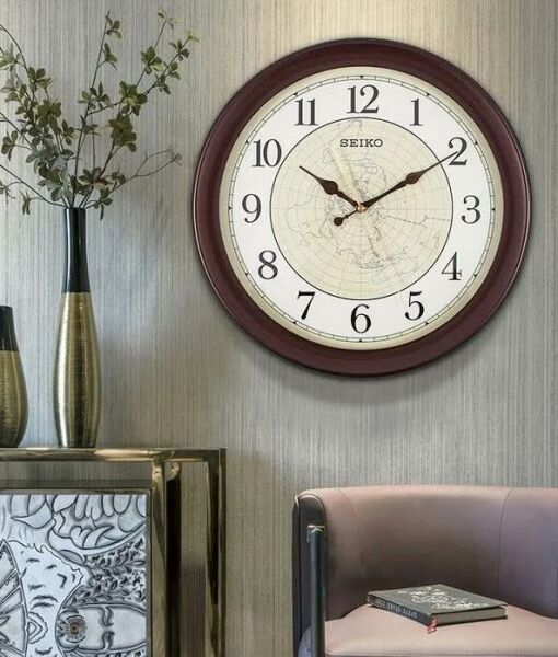 Seiko QXA709B Kahverengi Plastik Kasa Dünya Haritası Duvar Saati