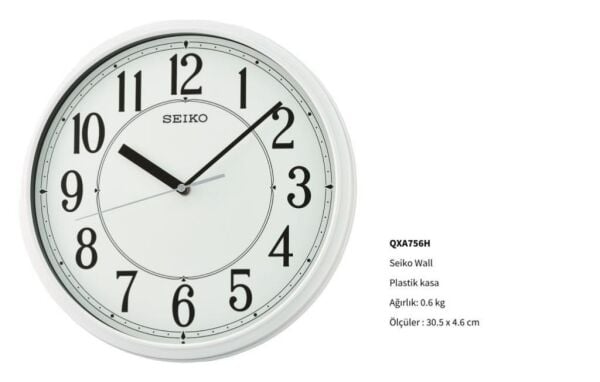 Seiko QXA756H Plastik Kasa Beyaz Renkli 30.5 cm Çaplı Quartz Mekanizmalı Duvar Saati