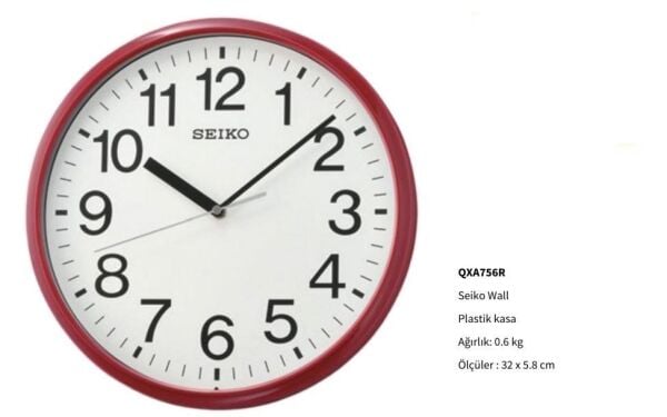 Seiko QXA756R Plastik Kasa Kırmızı Renkli 33 cm Çaplı Quartz Mekanizmalı Duvar Saati