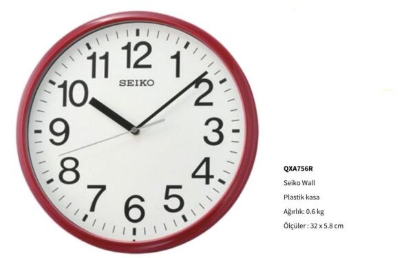 Seiko QXA756R Plastik Kasa Kırmızı Renkli 33 cm Çaplı Quartz Mekanizmalı Duvar Saati