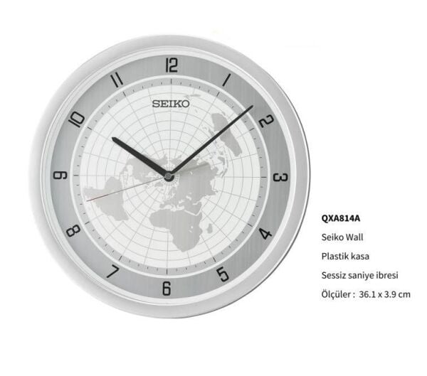 Seiko QXA814A Plastik Kasa Metalik Renkli 36.1 cm Çaplı Dünya Haritası Kadranlı Modern Sessiz Saniye Mekanizmalı Duvar Saati