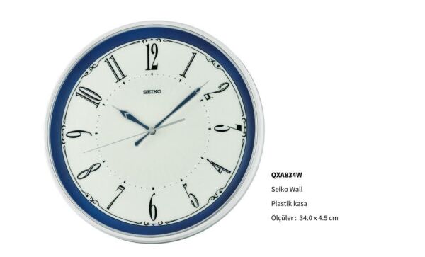 Seiko QXA834W Plastik Kasa Beyaz Renkli 34 cm Çaplı Quartz Mekanizmalı Duvar Saati