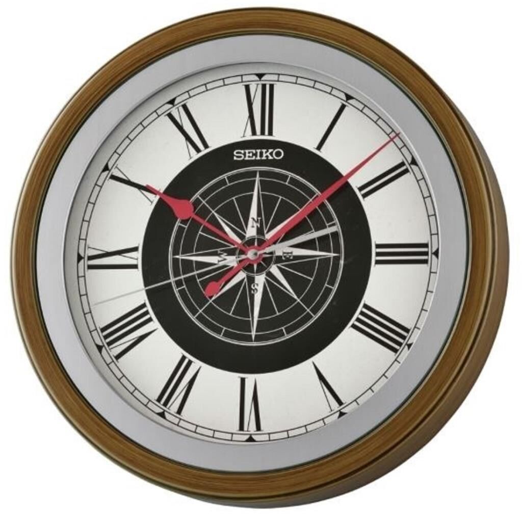 Seiko QXA844B Plastik Kasa Kahverengi Renkli 35 cm Çaplı Pusula Kadranlı Quartz Mekanizmalı Duvar Saati