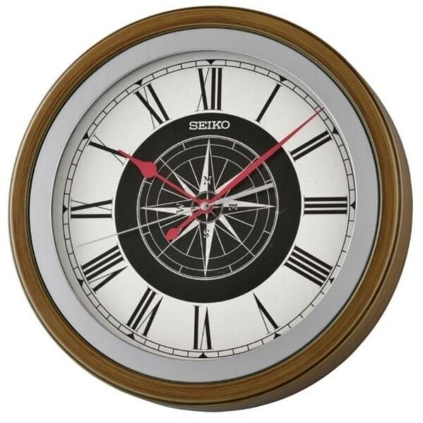 Seiko QXA844B Plastik Kasa Kahverengi Renkli 35 cm Çaplı Pusula Kadranlı Quartz Mekanizmalı Duvar Saati