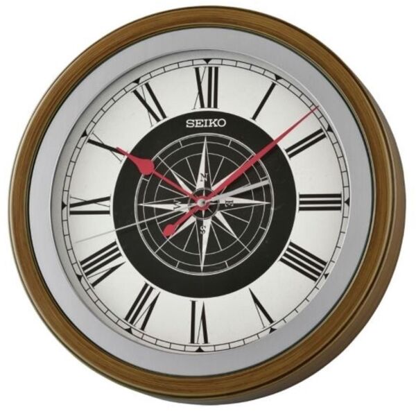 Seiko QXA844B Plastik Kasa Kahverengi Renkli 35 cm Çaplı Pusula Kadranlı Quartz Mekanizmalı Duvar Saati