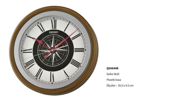 Seiko QXA844B Plastik Kasa Kahverengi Renkli 35 cm Çaplı Pusula Kadranlı Quartz Mekanizmalı Duvar Saati